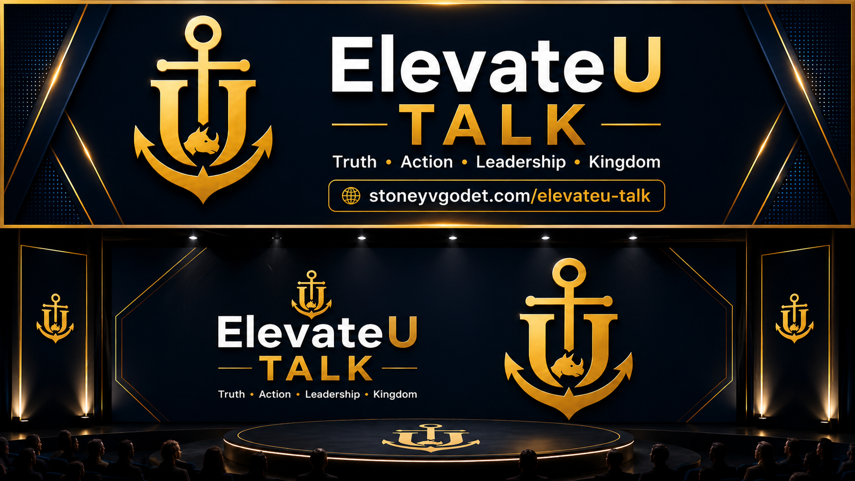 Gold anchor logo and “ElevateU TALK” title on dark navy background with small tagline and website URL