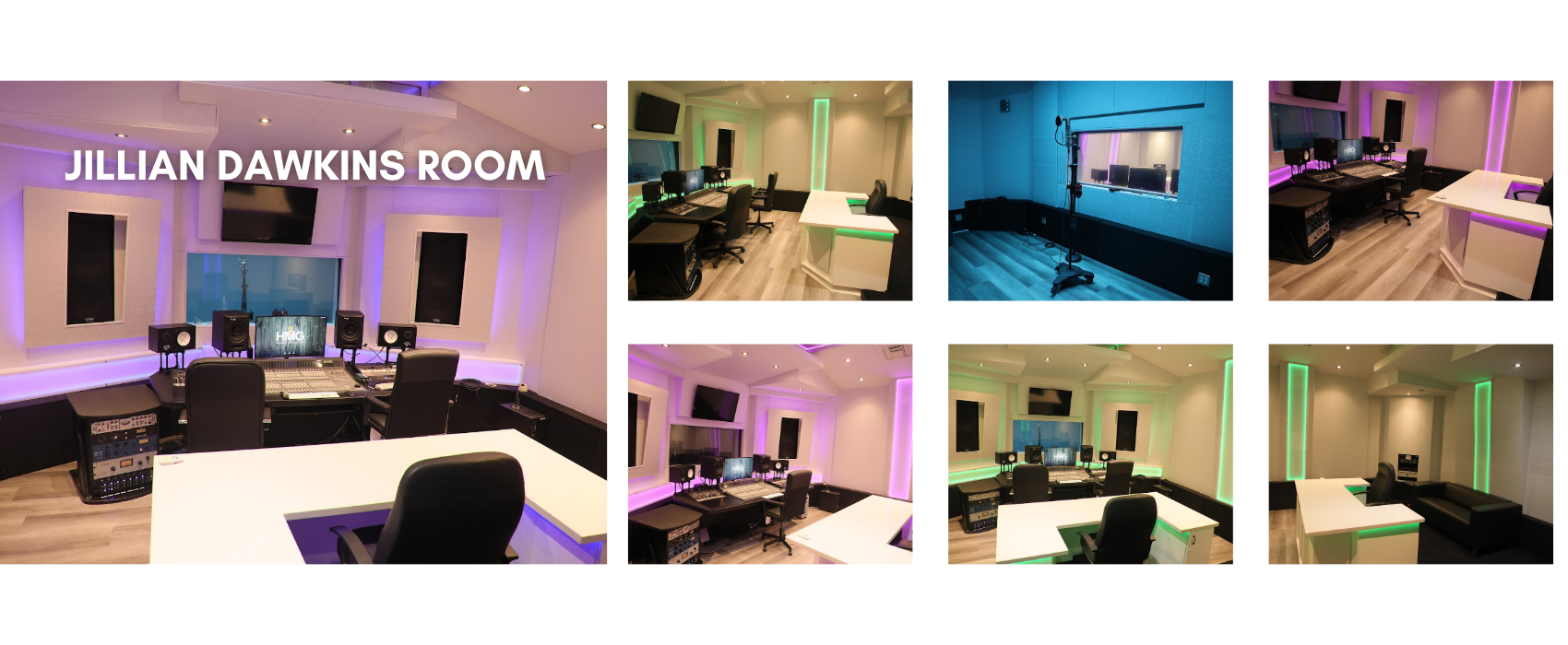 Collage of a modern office or studio with colorful lighting, desks, monitors, and a “Jillian Dawkins Room” sign