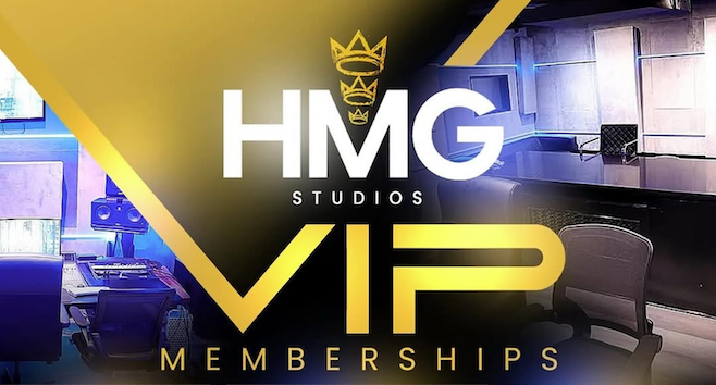 HMG Studios VIP memberships promo with gold text over a modern recording studio interior