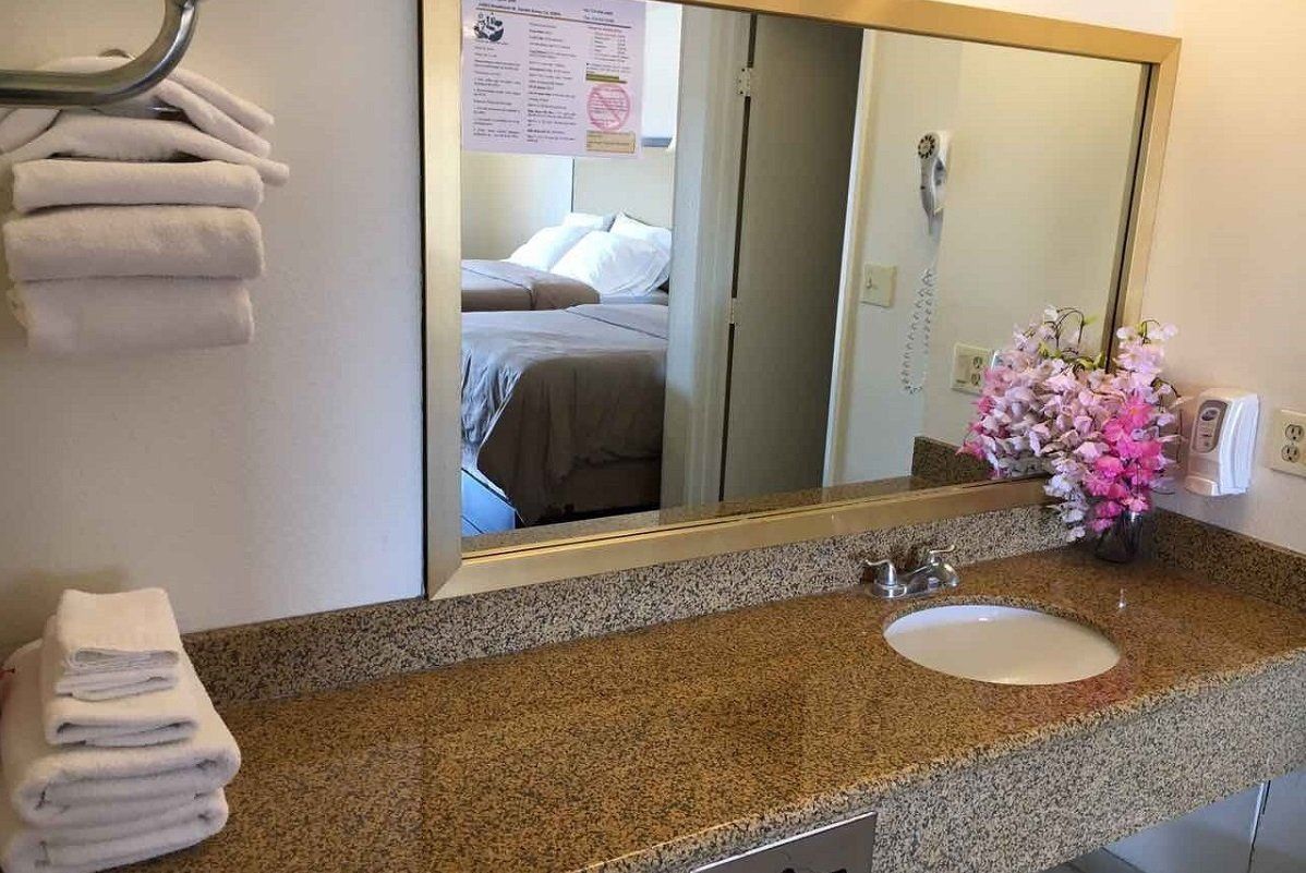 Bathroom with mirror reflecting a bed; towels, sink, and pink flowers are in view.