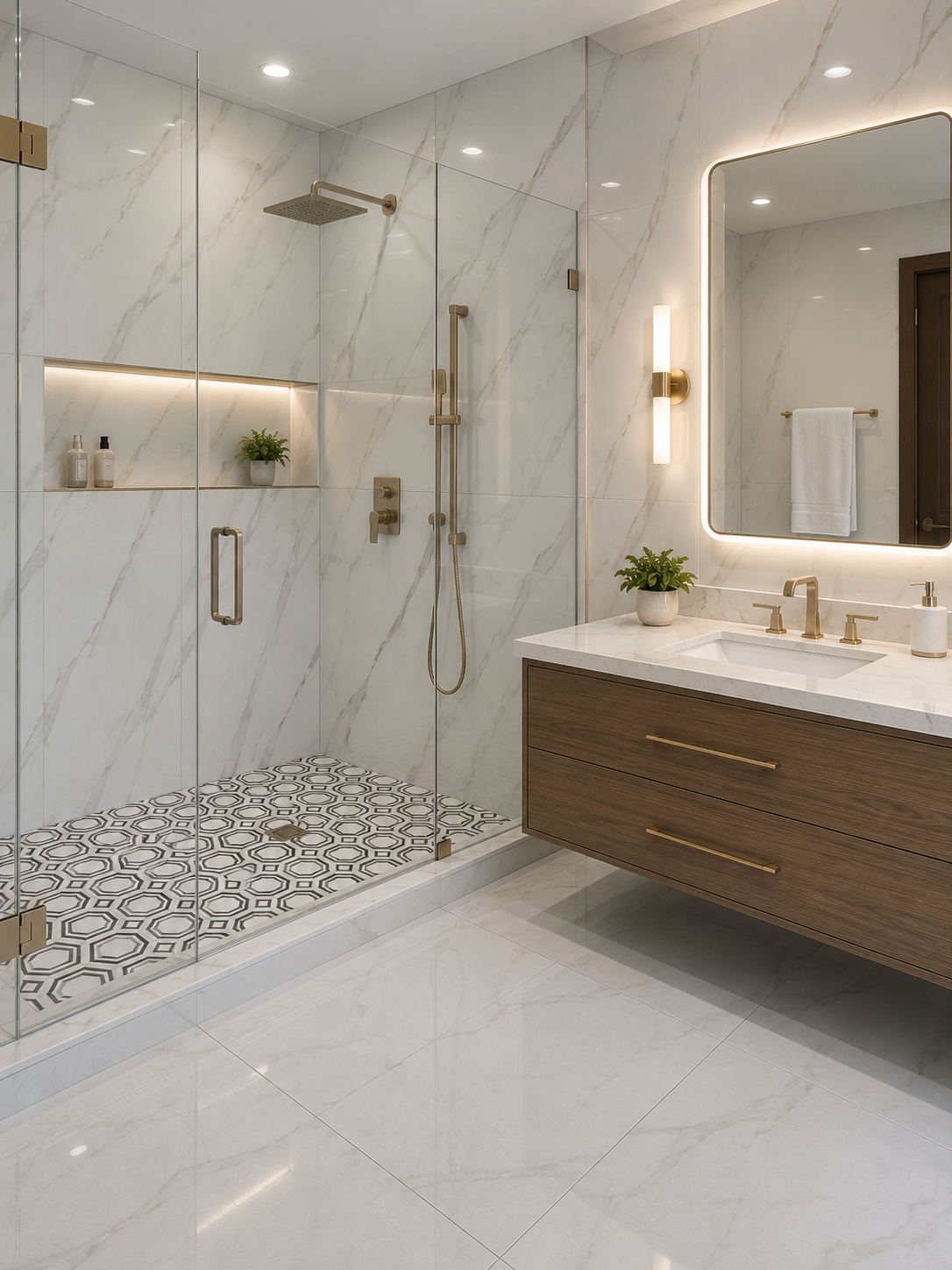 Modern white bathroom with walk-in shower, freestanding tub, wood vanity, and illuminated mirror