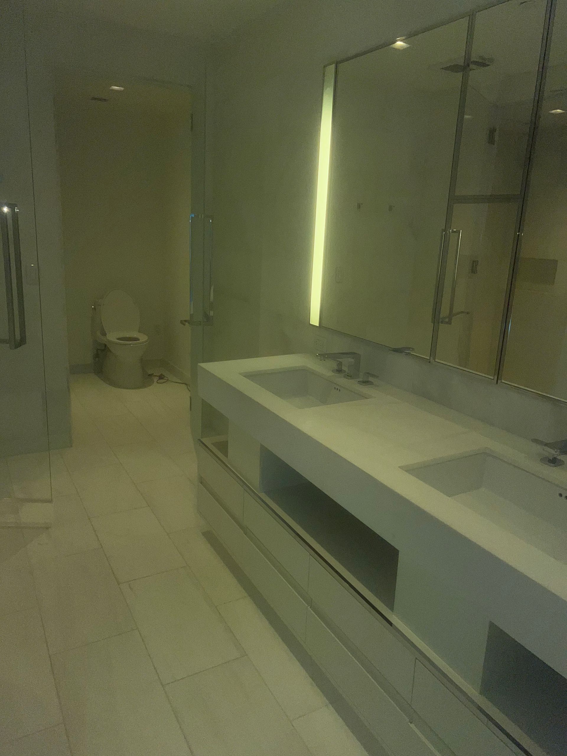 Modern bathroom with double sink vanity, mirror, and shower in soft green lighting
