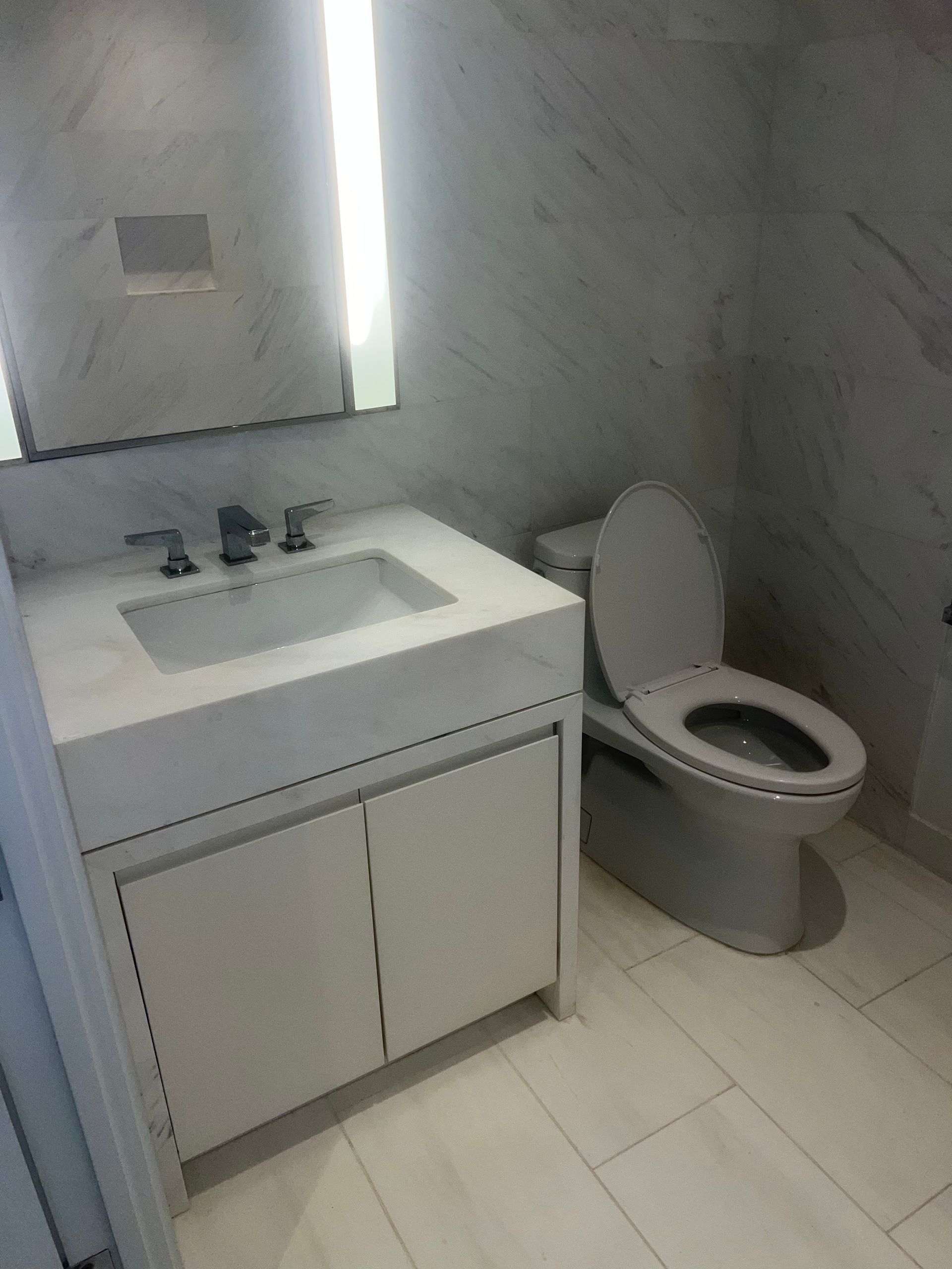 Small bathroom with white vanity, mirror, and toilet with the seat up.
