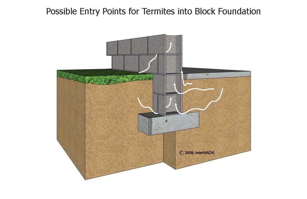 Diagram showing termite entry points into a block foundation with white arrows and labels.