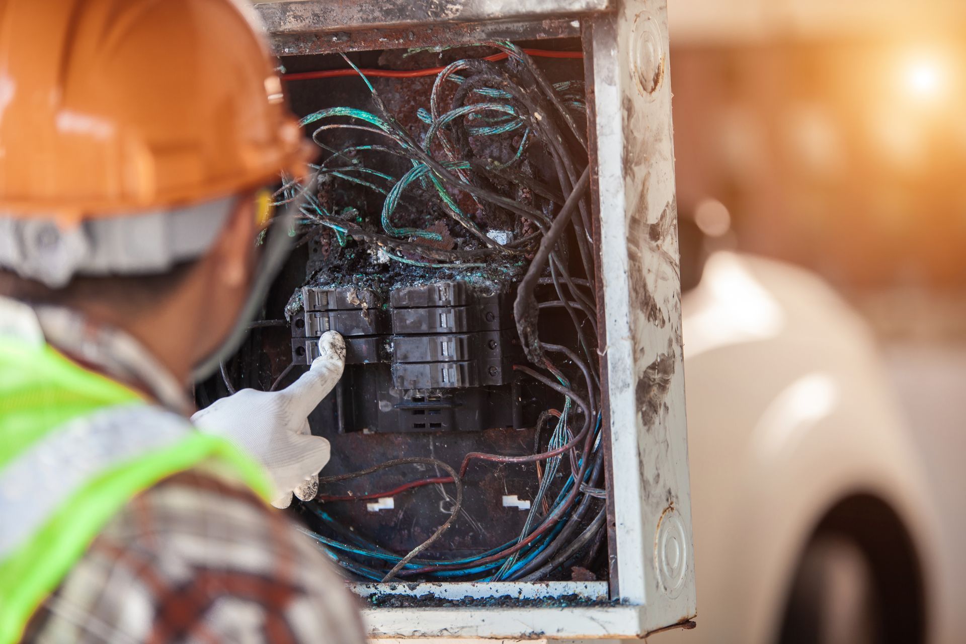 Utility worker inspecting tangled electrical wiring in a wall panel with an orange hard hat and safety vest