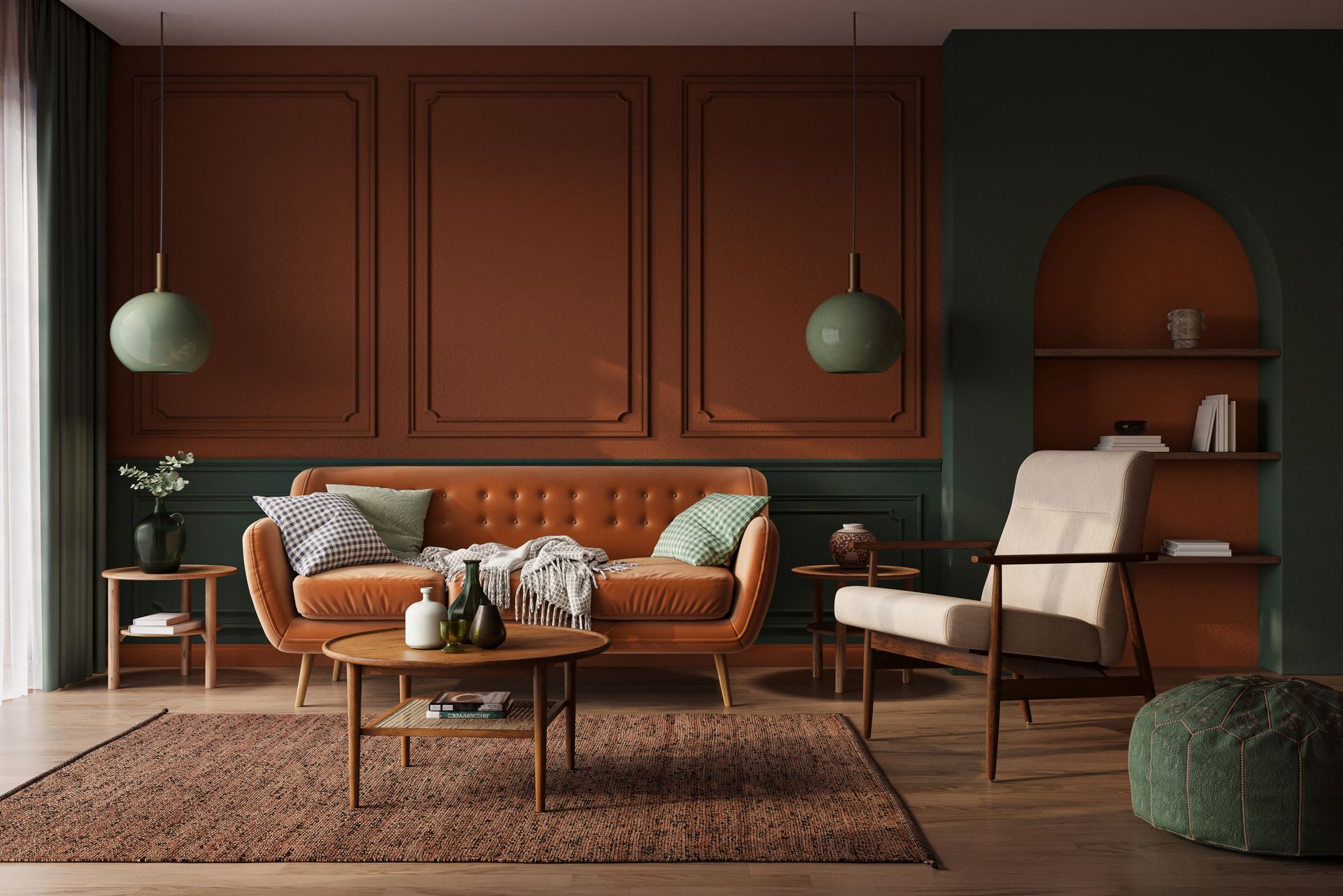 Cozy living room with rust sofa, armchair, wood paneling, round table, and patterned rug