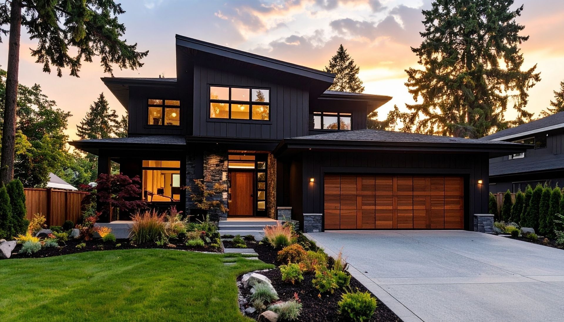 Modern two-story house with dark siding, warm interior lights, and a driveway at sunset