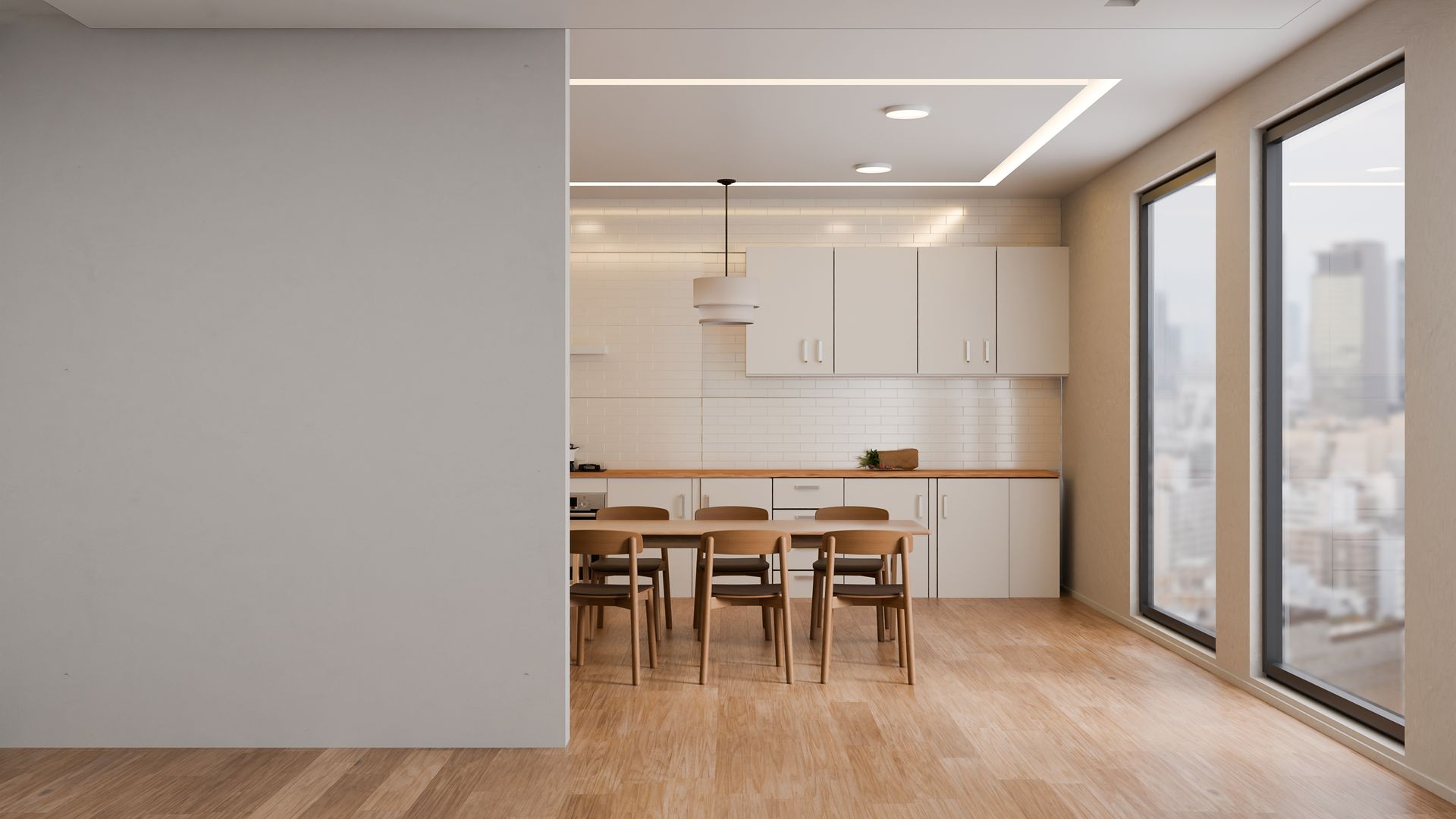Modern open-plan dining room and kitchen with wood floors, white cabinets, and city views through large windows