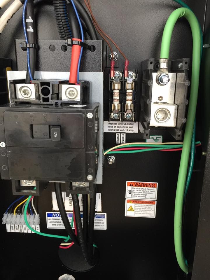Electrical panel with black wires, fuses, and a green ground wire.
