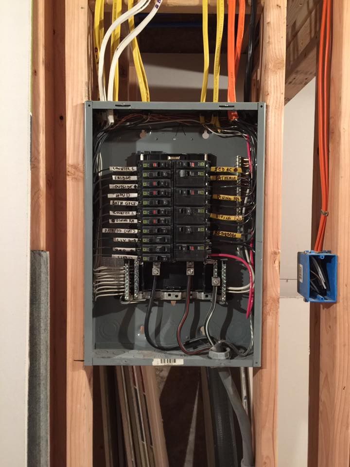 Electrical panel with wires attached, installed in a wooden wall frame; orange, yellow, and white wires.