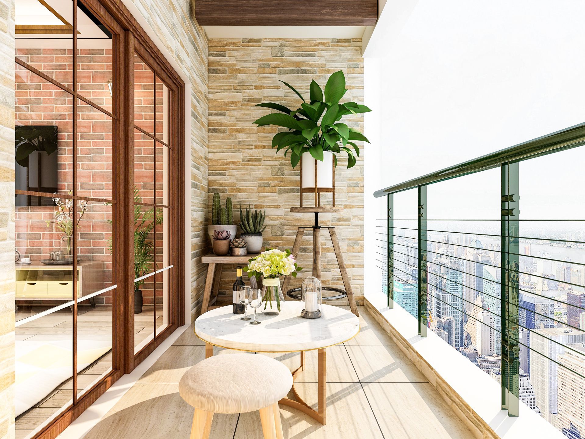 A Balcony With a Table and Chairs and a View of the City