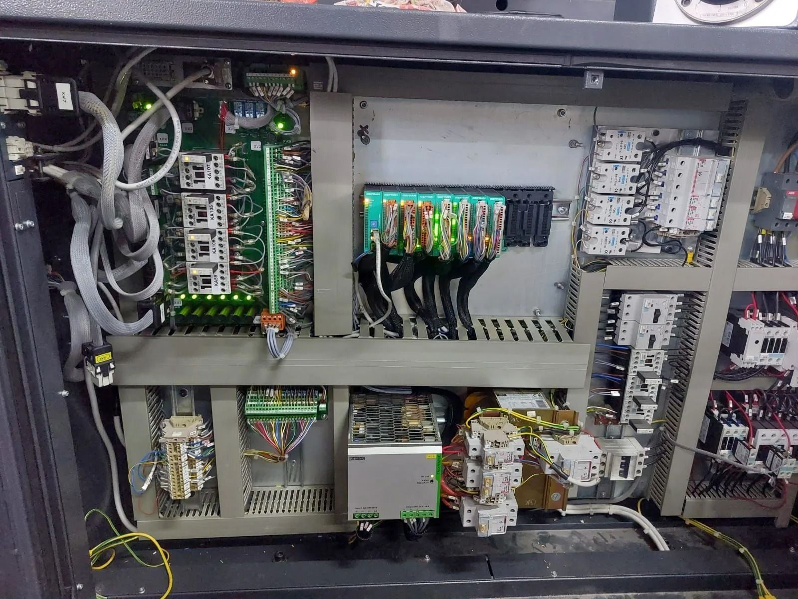 Quadro elettrico aperto con cablaggi, circuiti stampati, relè e morsettiere all'interno di un armadio metallico.