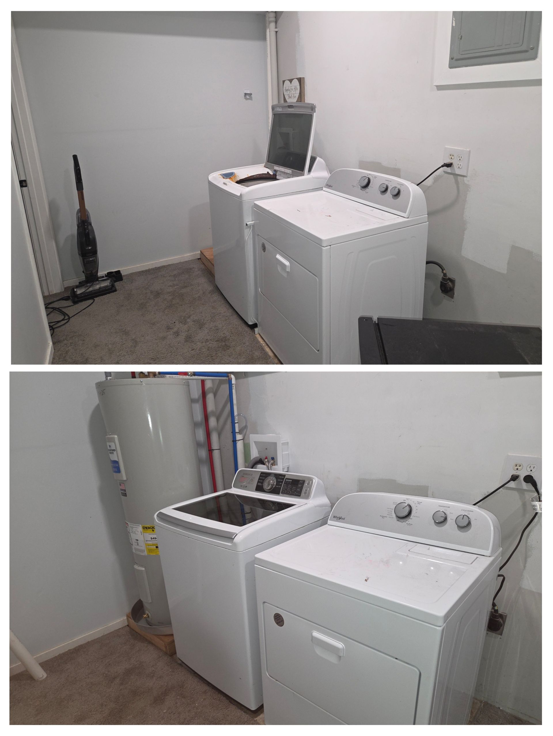 Laundry room with two white washers and a dryer beside utility pipes and a sink