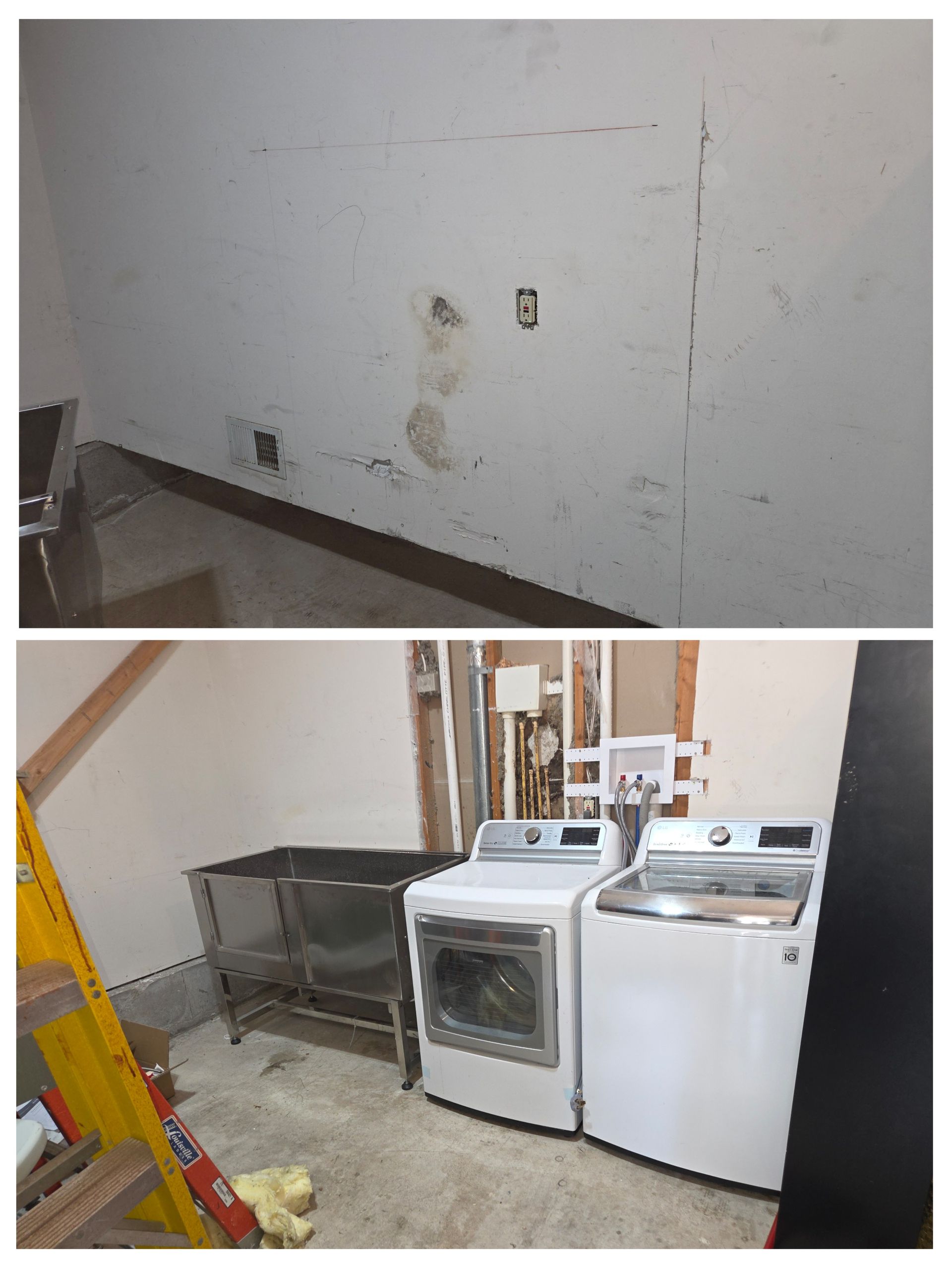 Basement laundry area with washer, dryer, and utility sink beside a stained wall.