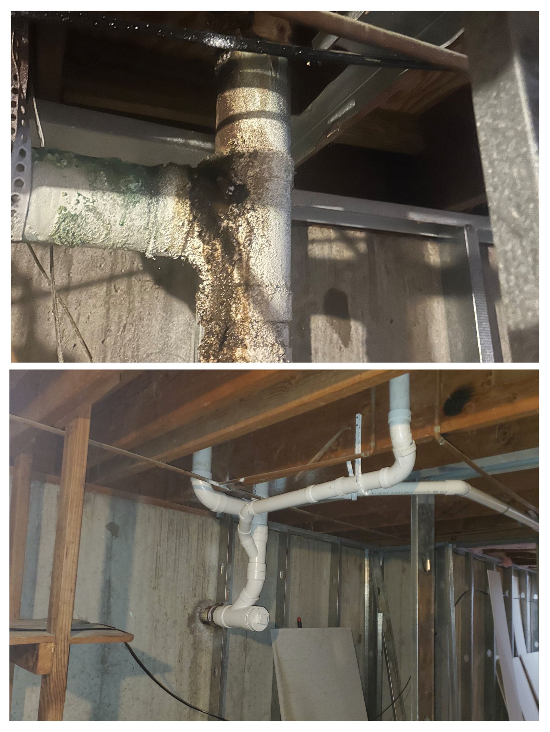 Two photos of a basement ceiling showing damaged, leaking pipes and standing water stains