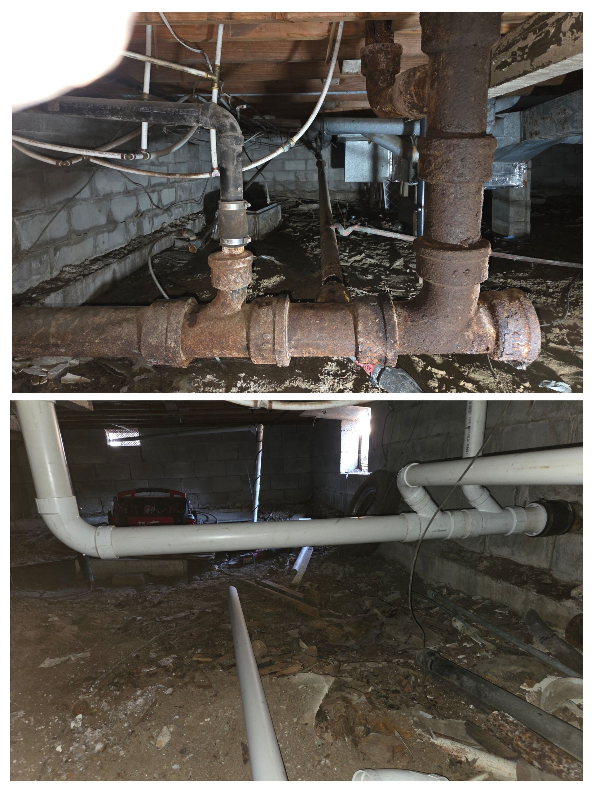 Crawlspace with exposed pipes and wet, muddy floor under a house