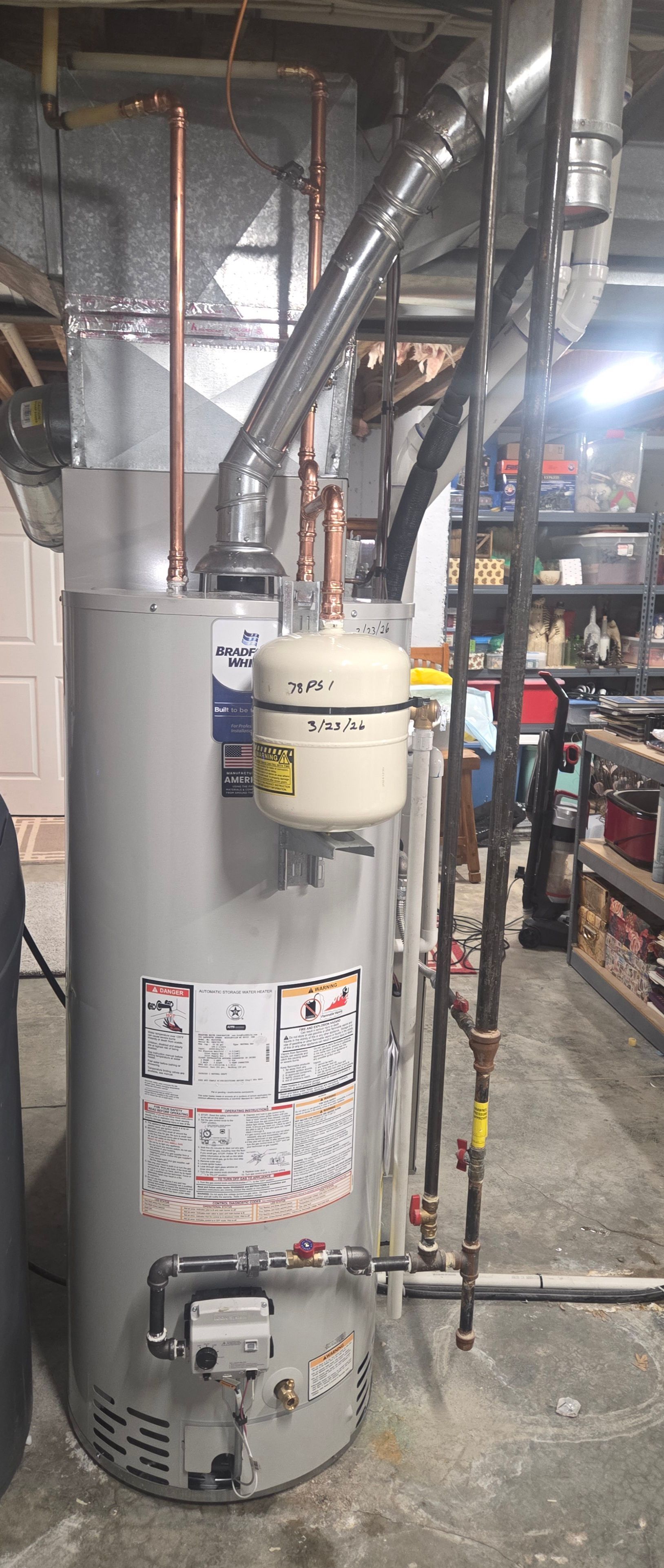 Industrial water heater and pipes in a basement mechanical room