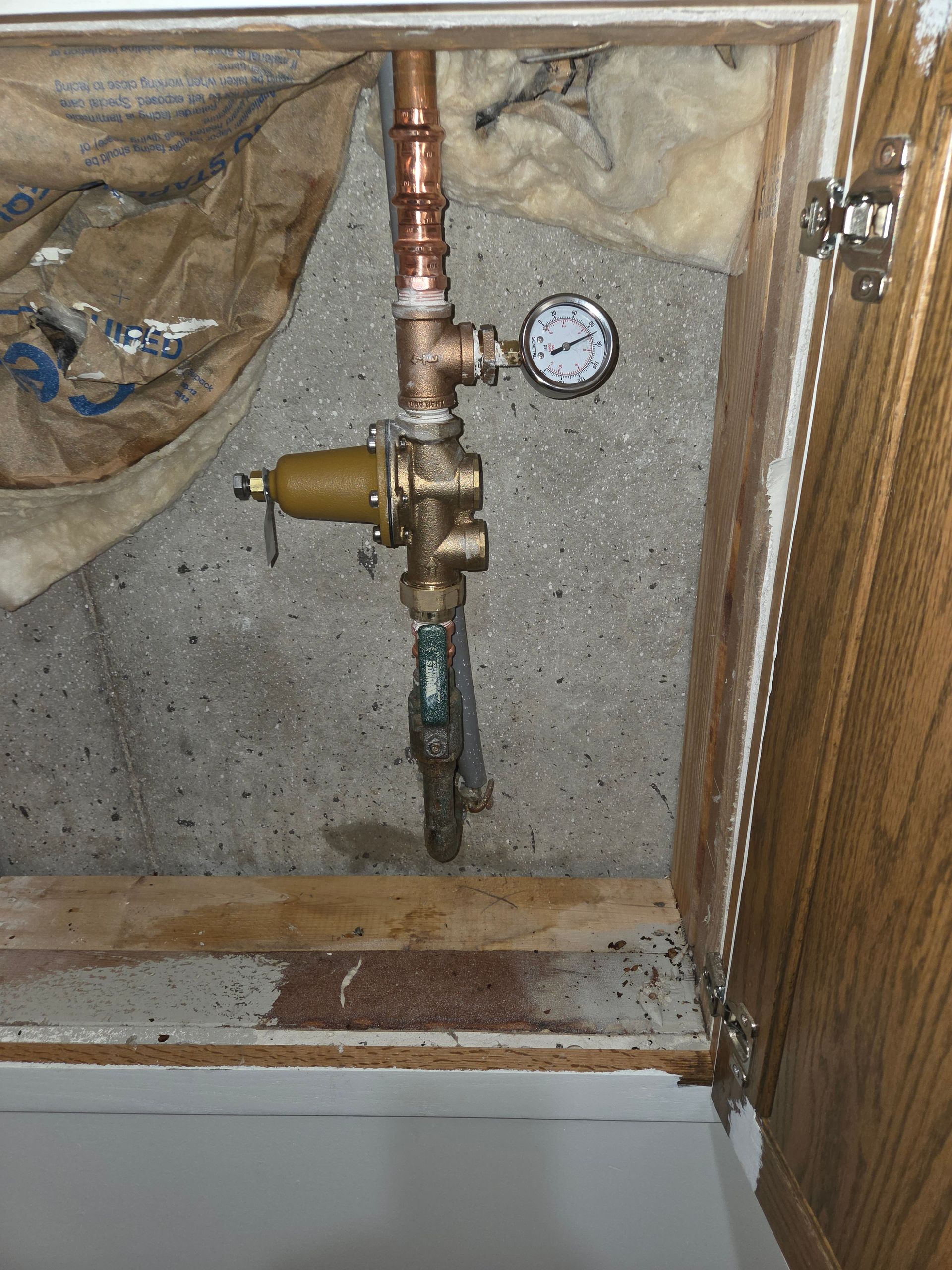 Open utility cabinet with exposed copper plumbing, valve, and pressure gauge against insulated wall.