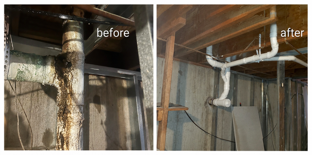 Before-and-after attic duct repair: damaged, wrapped pipe on left; clean white ductwork on right.