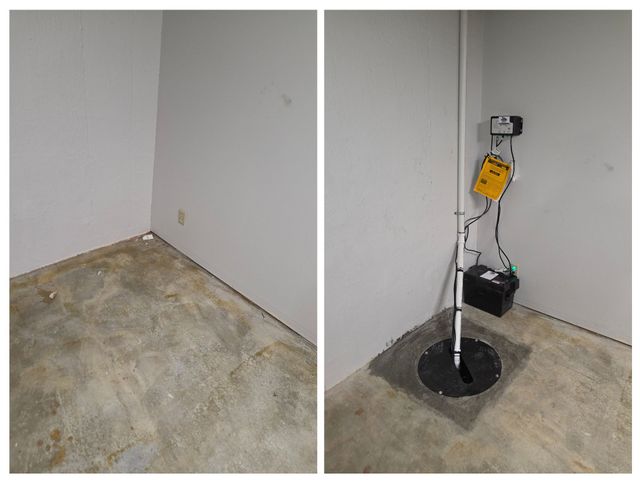 Bare room corner with worn floor; a vertical pipe or device mounted near an outlet on the wall.