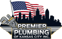 Premier Plumbing of Kansas City logo with American flag, skyline, and wrench icon
