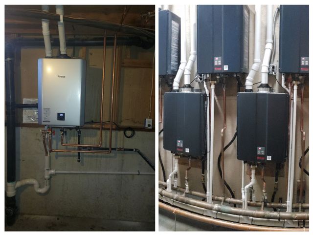 Wall-mounted boiler units and piping in a basement utility room.