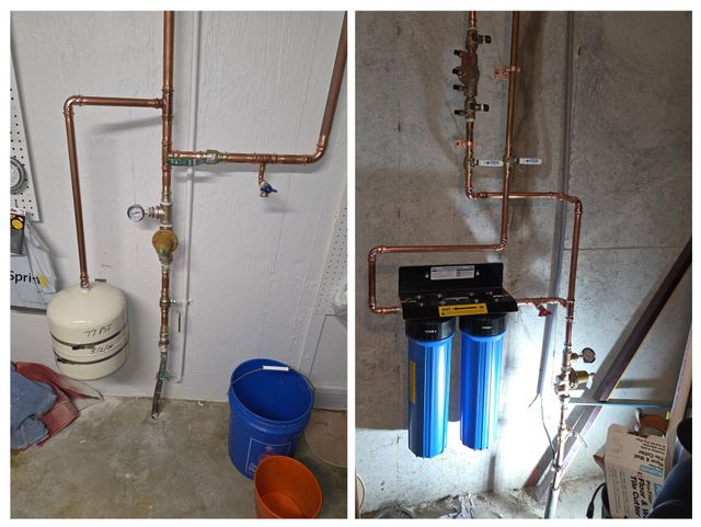 Plumbing and water filtration setup with copper pipes, blue filter housings, and buckets in a utility room