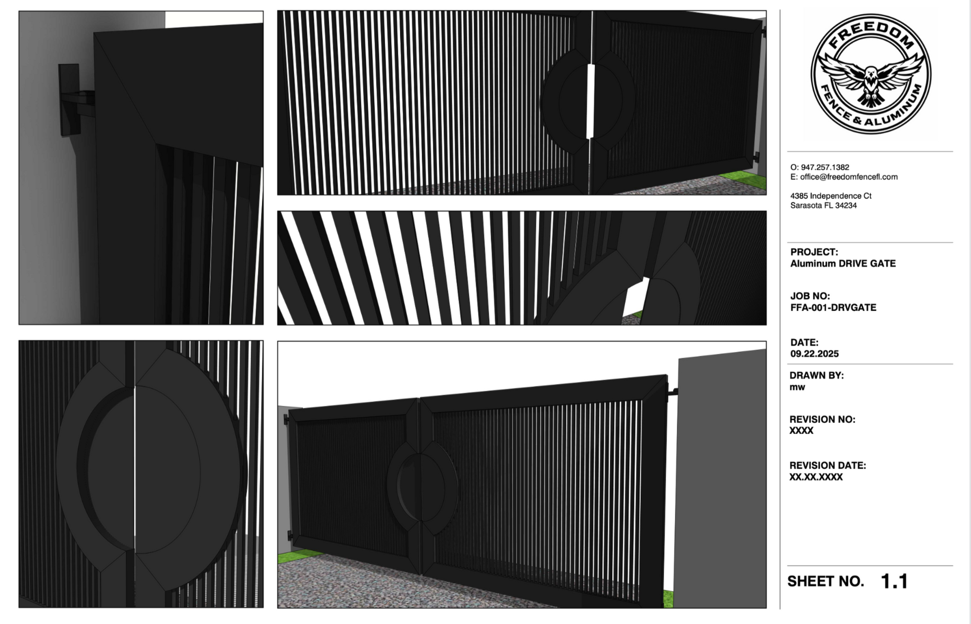 Black-and-white collage of architectural railing and gate design details with logo and text panel