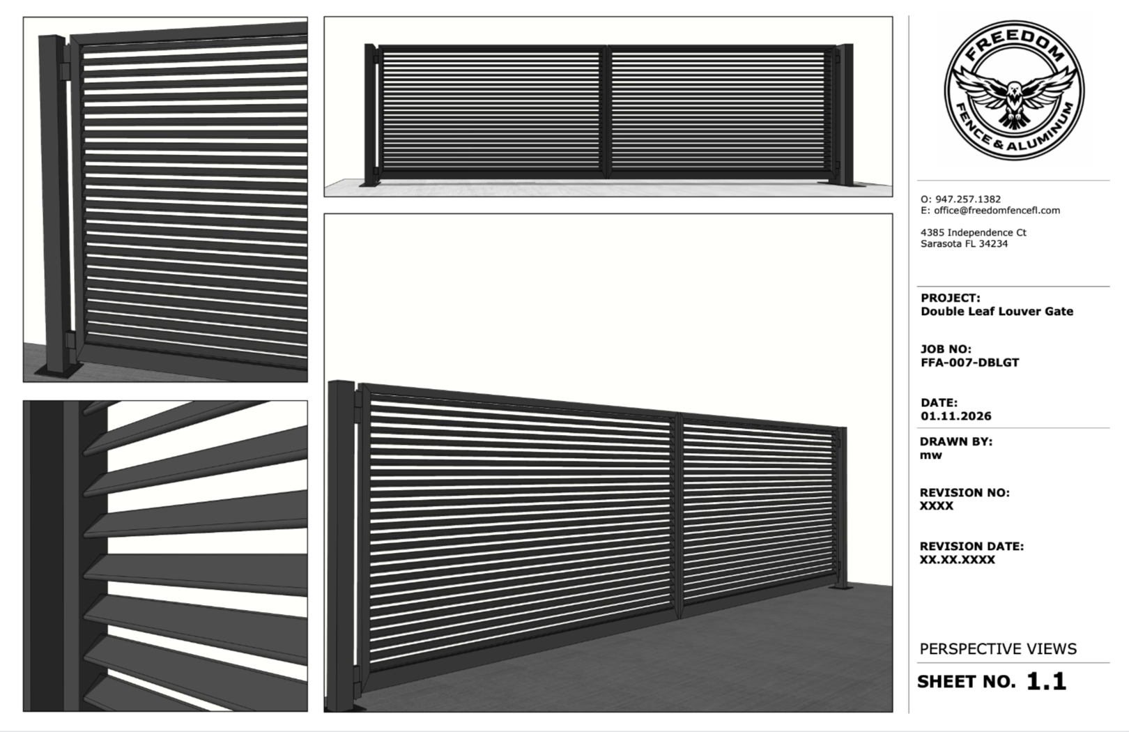 Architectural rendering of a modern black metal fence with slatted and curved patterns, plus detail views