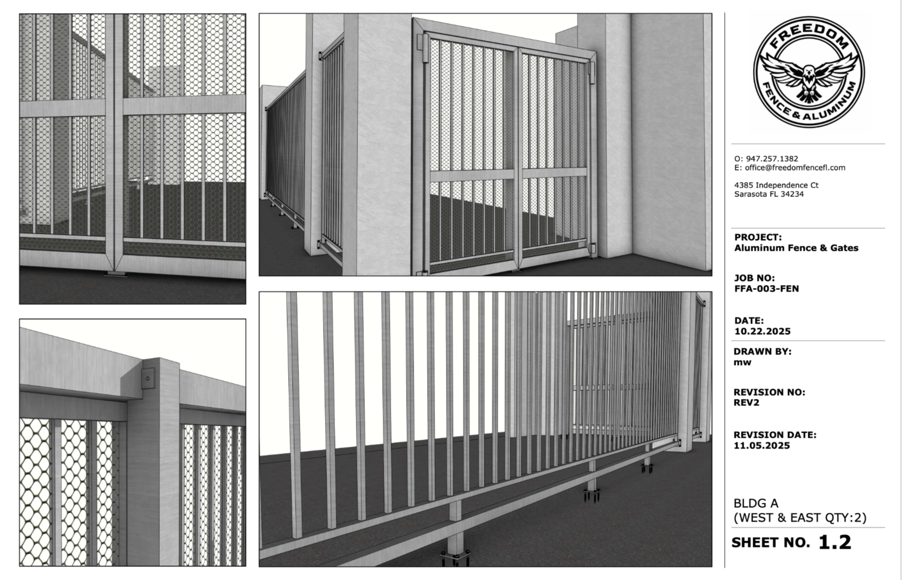 Collage of metal security gates and railing details in grayscale architectural drawings/photos