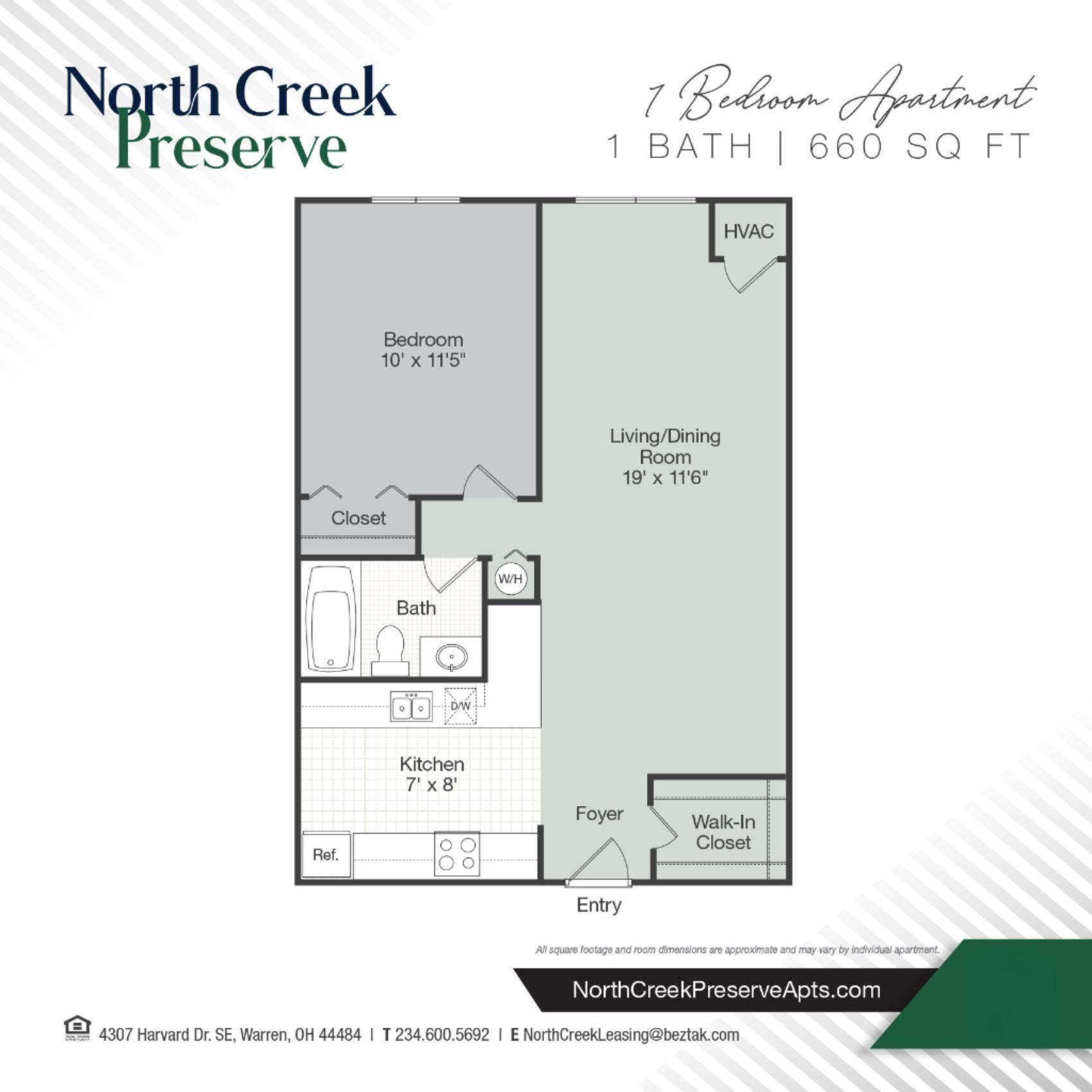 Floor plan of a 1-bedroom, 660 sq ft apartment, labeled
