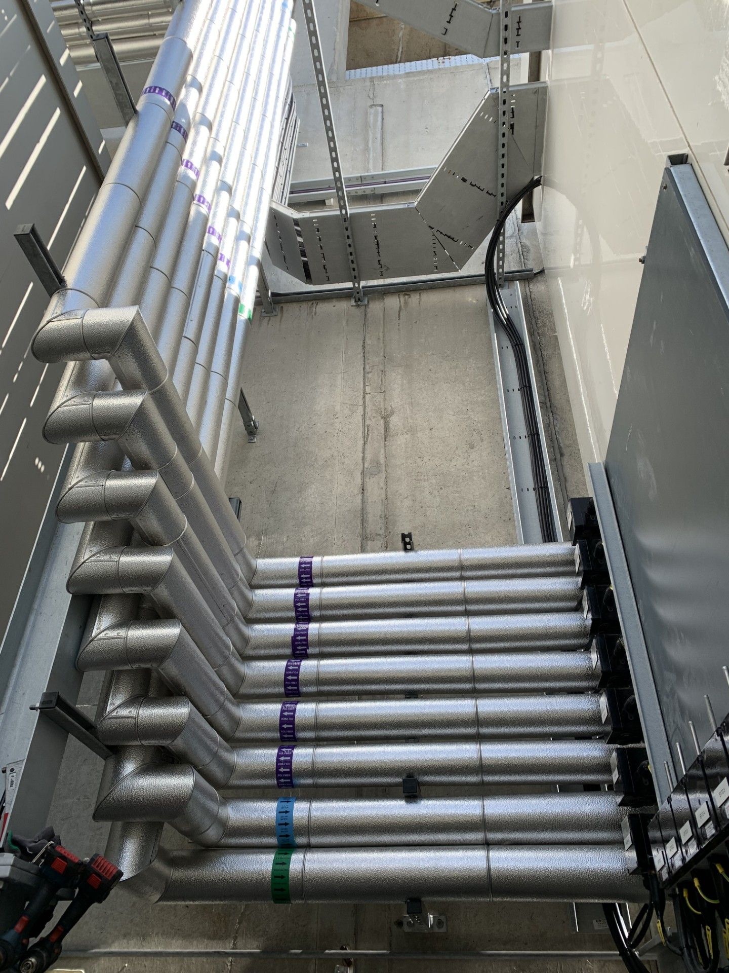 Pipework insulated with rockwool insulation and clad with aluminium for protection