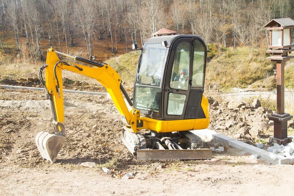 A Small Yellow Excavator Is Sitting On Top Of A Dirt Field — D & M Tree Services In Taree, NSW