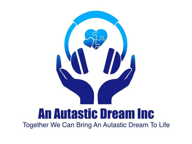 Blue hands holding a heart and child icon above the text “An Autistic Dream Inc” with tagline below
