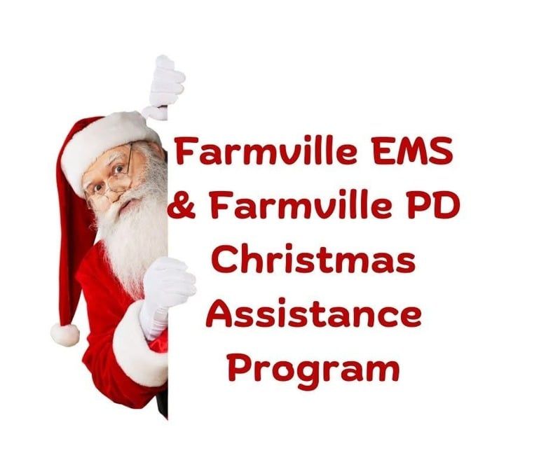 Santa peeking beside text: “Farmville EMS & Farmville PD Christmas Assistance Program”
