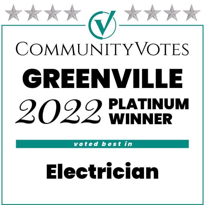 CommunityVotes Greenville 2022 Platinum Winner for Electrician, with stars and teal checkmark logo