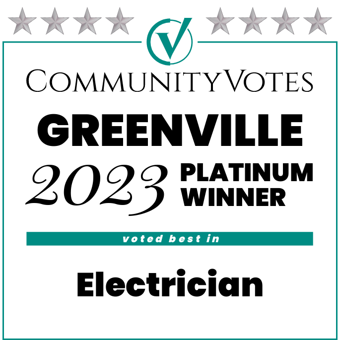CommunityVotes Greenville 2023 Platinum Winner badge for electrician, white and teal with silver stars