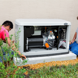 Two workers inspect an open outdoor generator beside a house.