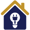 Blue house icon with a white lightbulb inside and a gold roof