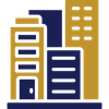 Stylized city buildings in navy blue and gold, with windows and doors in a flat icon design