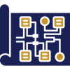 Blue and gold circuit-board icon with connected nodes and lines on a scroll-shaped background