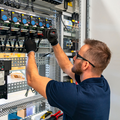 Technician adjusting electrical control panels inside a server cabinet, wearing gloves and glasses.