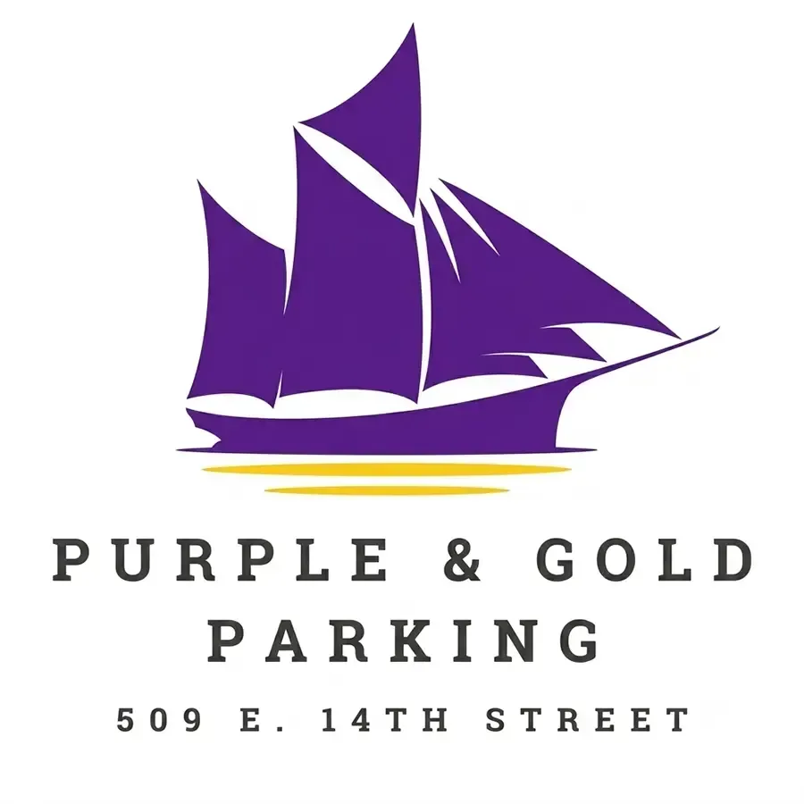 Purple sailboat logo with “Purple & Gold Parking” and “509 E. 14th Street” text