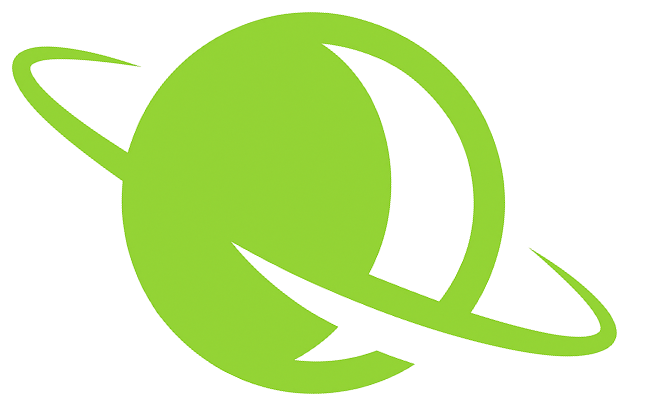 Green planet with two curved orbit lines.