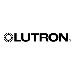 Lutron logo: black text on white background with stylized sun symbol to the left of the brand name.