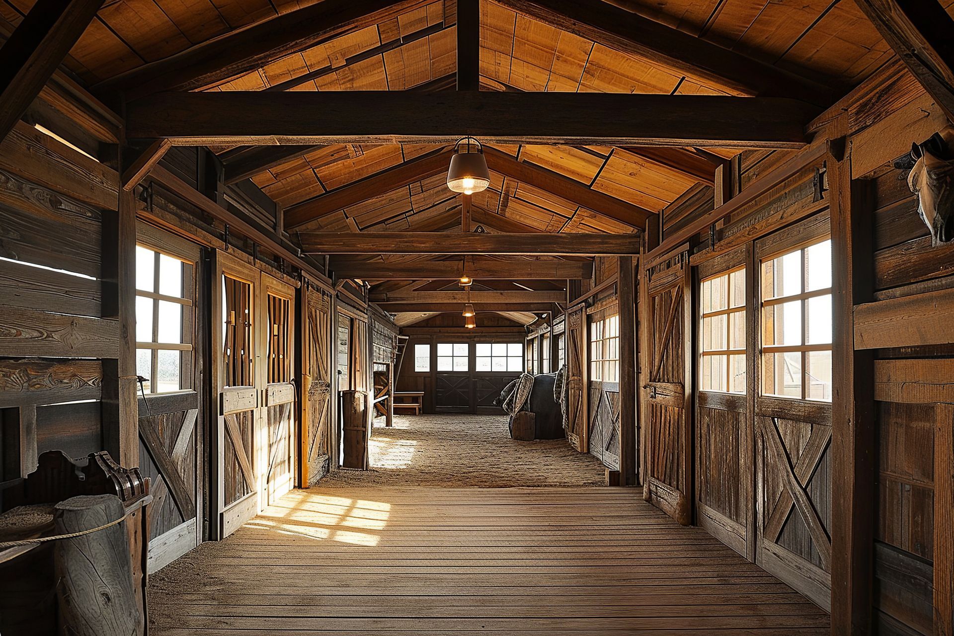 Intérieur d'une écurie rustique en bois avec une allée centrale, des murs lambrissés et des stalles de chaque côté.