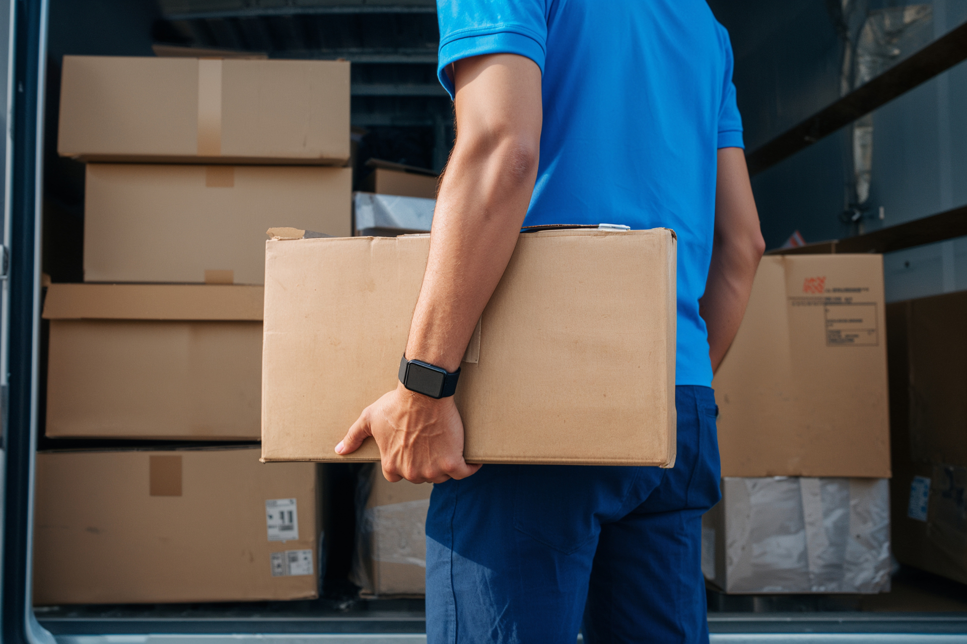 Delivery worker holding a cardboard box inside a van filled with packages.