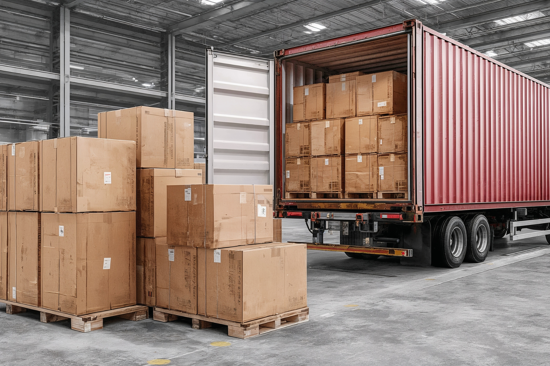 Cardboard boxes stacked on pallets being loaded into a semi-truck trailer in a warehouse.