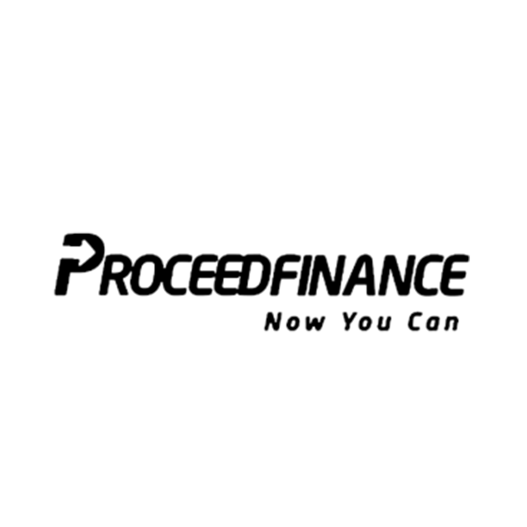 A black and white logo for proceed finance now you can.
