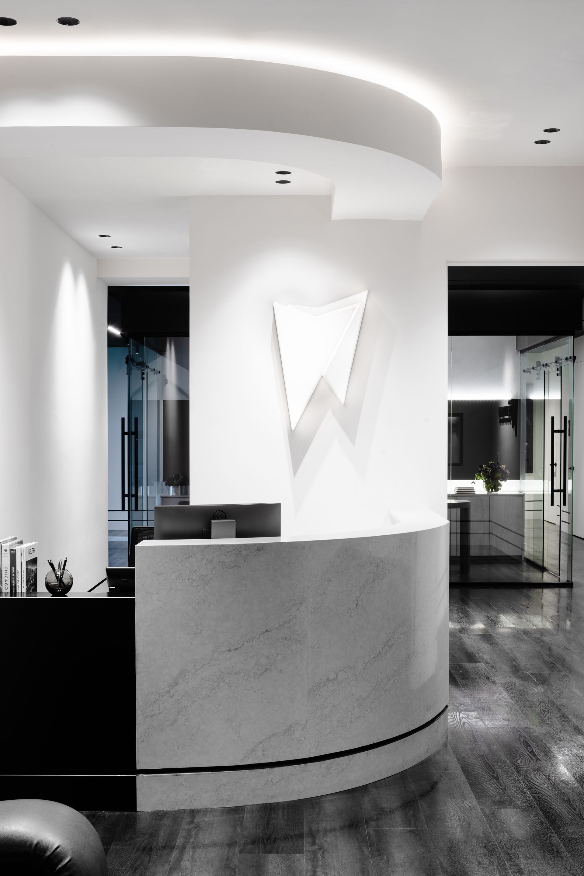 A black and white photo of a dental office